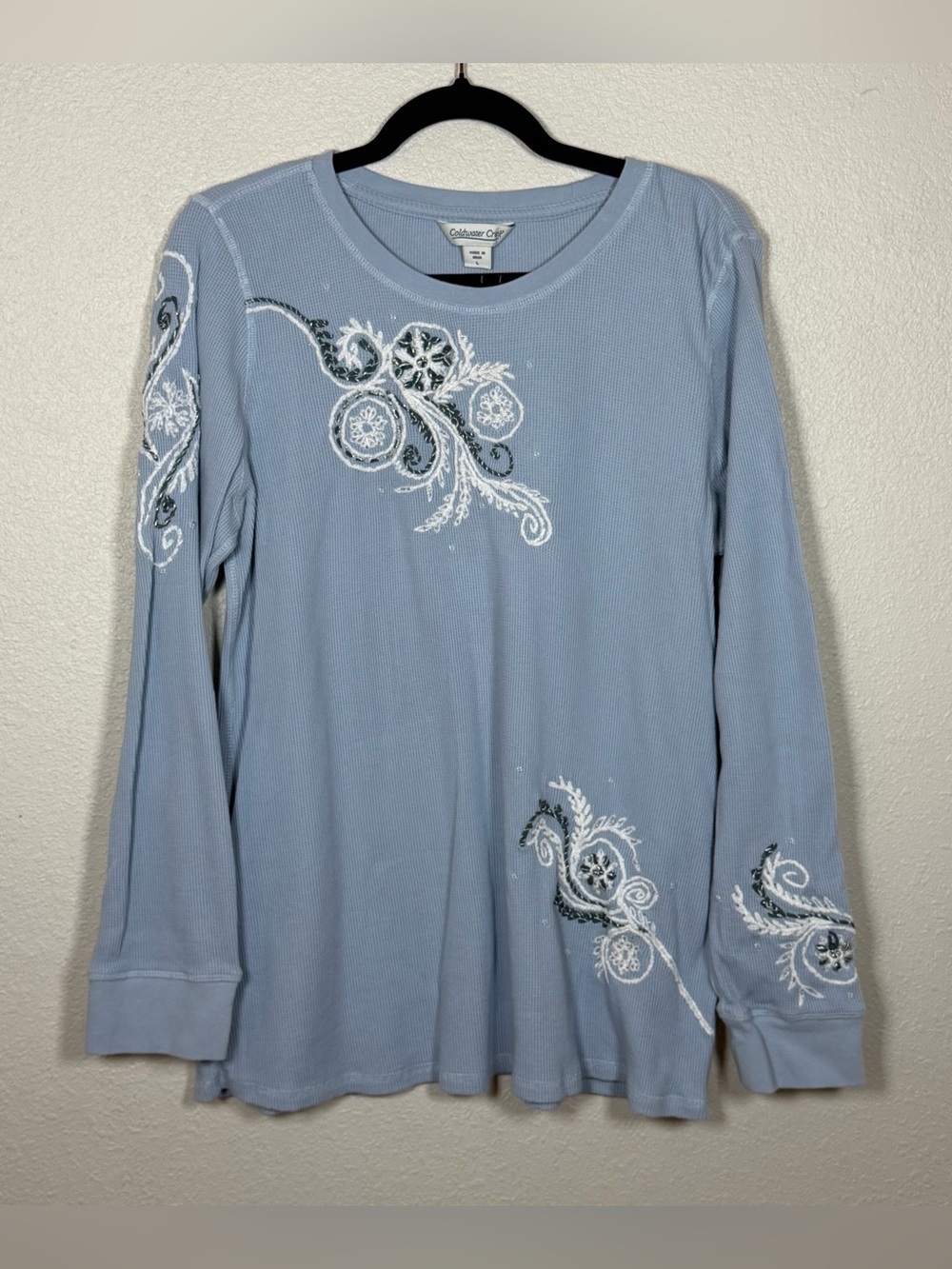 Snow Swirl Embroidered Beaded Waffle Knit Long Sleeve Tee L Winter Whimsy Nature